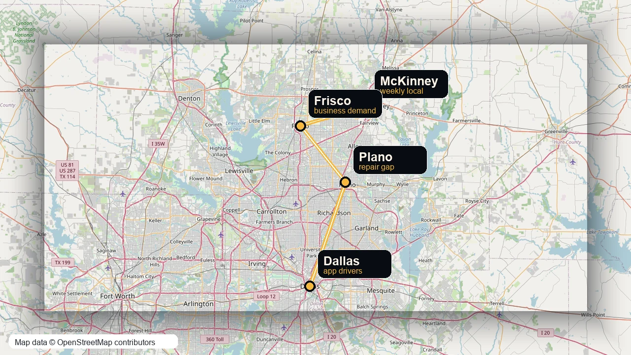 North DFW rental demand map showing McKinney, Frisco, Plano, and Dallas